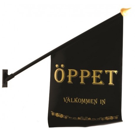 Flagga "Öppet" svart med guld text